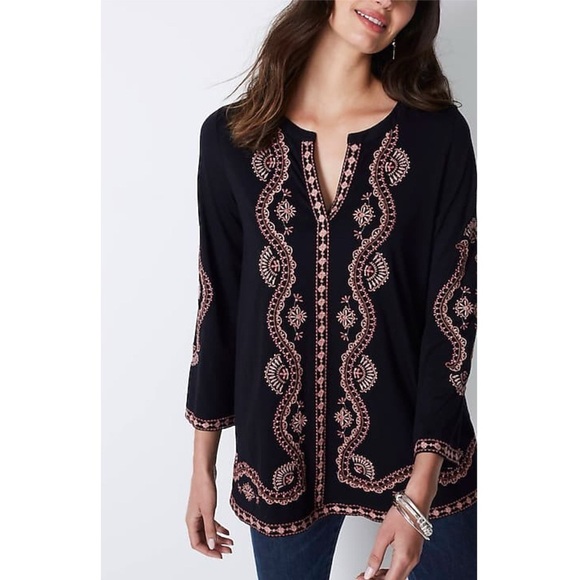 J.Jill Petite S Black Pink Embroidered Bell Sleeve Boho Tunic Top India - Picture 1 of 10